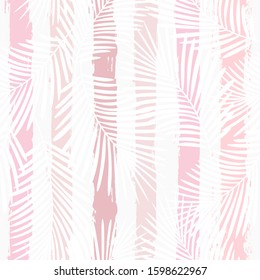 girly striped tropical pattern, palm leaves seamless vector floral background. Exotic plant on pink stripes. spring nature jungle print. Leaves of palm tree on paint lines. ink brush strokes.