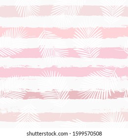 girly striped tropical pattern, palm leaves seamless vector floral background. Exotic plant on pink stripes. spring nature jungle print. Leaves of palm tree on paint lines. ink brush strokes.
