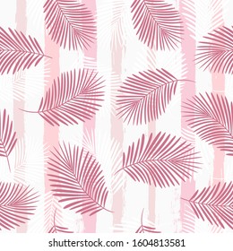 girly striped tropical pattern, palm leaves seamless vector floral background. Exotic plant on pink stripes. spring nature jungle print. Leaves of palm tree on paint lines. ink brush strokes.