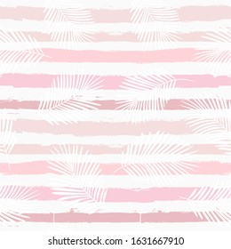 girly striped tropical pattern, palm leaves seamless vector floral background. Exotic plant on pink stripes. spring nature jungle print. Leaves of palm tree on paint lines. ink brush strokes.