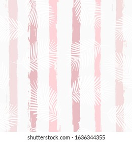 girly striped tropical pattern, palm leaves seamless vector floral background. Exotic plant on pink stripes. spring nature jungle print. Leaves of palm tree on paint lines. ink brush strokes.