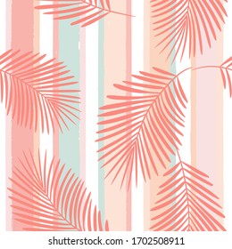 patrón tropical girado, hojas de palma sin fisuras vectorial de fondo floral. Planta exótica con rayas rosas. huella de la jungla natural de primavera. Hojas de palmera en líneas de pintura. trazos de pincel de tinta.
