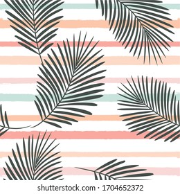 patrón tropical girado, hojas de palma sin fisuras vectorial de fondo floral. Planta exótica con rayas rosas. huella de la jungla natural de primavera. Hojas de palmera en líneas de pintura. trazos de pincel de tinta.