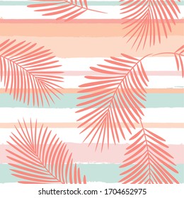 patrón tropical girado, hojas de palma sin fisuras vectorial de fondo floral. Planta exótica con rayas rosas. huella de la jungla natural de primavera. Hojas de palmera en líneas de pintura. trazos de pincel de tinta.
