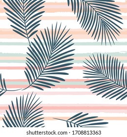 patrón tropical girado, hojas de palma sin fisuras vectorial de fondo floral. Planta exótica con rayas rosas. huella de la jungla natural de primavera. Hojas de palmera en líneas de pintura. trazos de pincel de tinta.