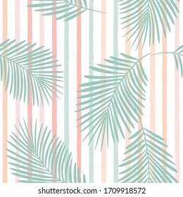 girly striped tropical pattern, palm leaves seamless vector floral background. Exotic plant on pink stripes. spring nature jungle print. Leaves of palm tree on paint lines. ink brush strokes.