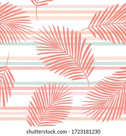 girly striped tropical pattern, palm leaves seamless vector floral background. Exotic plant on pink stripes. spring nature jungle print. Leaves of palm tree on paint lines. ink brush strokes.