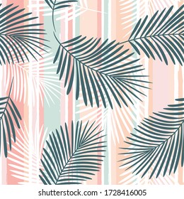 girly striped tropical pattern, palm leaves seamless vector floral background. Exotic plant on pink stripes. spring nature jungle print. Leaves of palm tree on paint lines. ink brush strokes.