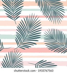 girly striped tropical pattern, palm leaves seamless vector floral background. Exotic plant on pink stripes. spring nature jungle print. Leaves of palm tree on paint lines. ink brush strokes.
