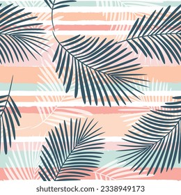 Girly striped tropical pattern, palm leaves seamless vector background, jungle print. Leaves of palm tree on paint lines.