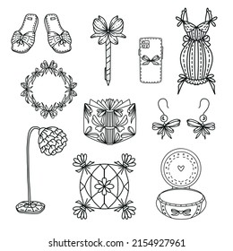 Girly stuff set of vector illustrations. It is perfect as a print on different items, such as gift cards, invitations, logo, etc.