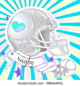 Girly style beautiful gray colored rugby helmet. Vector illustration in pink pastel colors. Sport girls. Black and white original drawing is attached to illustration. Vintage poster