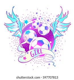 Girly style beautiful high-detailed football logo. Doodle vector illustration in pink neon colors. Feminisn concept. Print, poster, sticker, sport logo