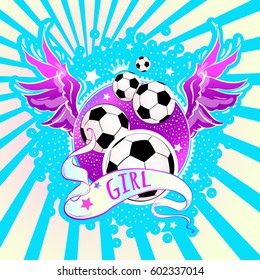 Girly style beautiful high-detailed football logo. Vector illustration in pink and blue neon colors. Feminism concept. Print, poster, sticker, sport logo