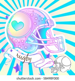 Girly style beautiful high-detailed rugby helmet. Vector illustration in pink pastel colors. Sport girls. Black and white original drawing is attached to illustration. Vintage poster