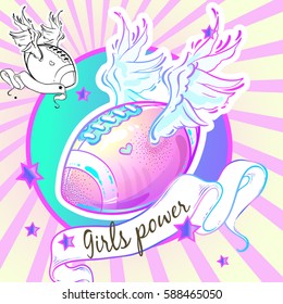 Girly style beautiful high-detailed rugby ball. Vector illustration in pink pastel colors. Girl power. Feminisn concept. Black and white original drawing is attached to illustration.