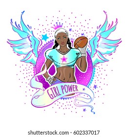 Girly style beautiful high-detailed rugby logo: girl player throwing the ball. Vector illustration in bright neon colors. Feminism concept. Print, poster, sticker, sport logo