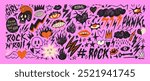 Girly style punk and rock crayon drawn stickers. Hand drawn gothic hearts and eyes, lightning, skulls and rock