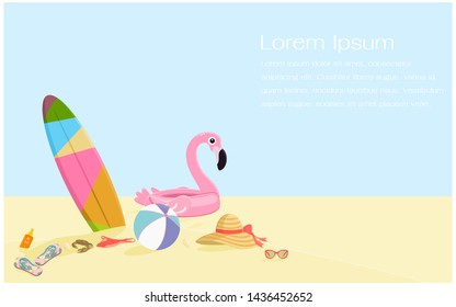 Girly summer items with sunscreen, bikini, flip flops, surfboard, floating, ball, hat, sunglasses and crab on sand. Summer vacation and holiday on the beach concept.  Flat vector illustration.