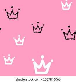 Girly sweet vector seamless pattern with crowns in pink, black and white colors. Romantic style, hand drawn elements, texture. Applicable as endless textile or wrapping paper prints and backgrounds.