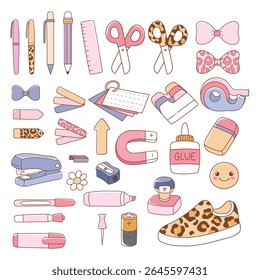 Girly Teacher, Back to school Elements Doodle Cartoon Style Hand Drawn Vector
