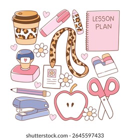 Girly Teacher, Back to school Elements Doodle Cartoon Style Hand Drawn Vector