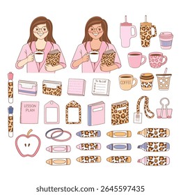 Girly Teacher, Back to school Elements Doodle Cartoon Style Hand Drawn Vector