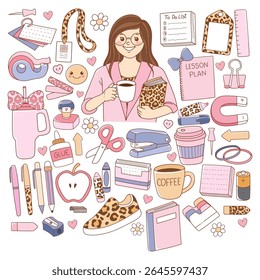 Girly Teacher, Back to school Elements Doodle Cartoon Style Hand Drawn Vector