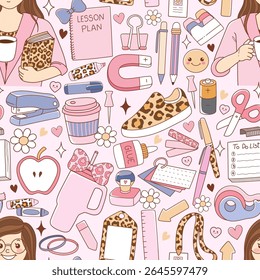 Girly Teacher, Back to school Elements Seamless Pattern Isolated Hand Drawn Design for Fabric Digital paper Vector