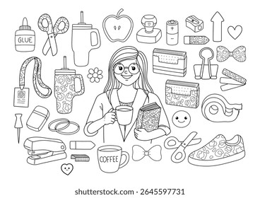 Girly Teacher, Back to school Elements Doodle Cartoon Style Hand Drawn Outline Coloring Page Vector