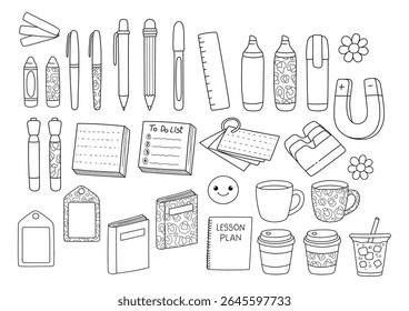 Girly Teacher, Back to school Elements Doodle Cartoon Style Hand Drawn Outline Coloring Page Vector