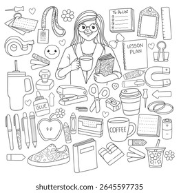 Girly Teacher, Back to school Elements Doodle Cartoon Style Hand Drawn Outline Coloring Page Vector