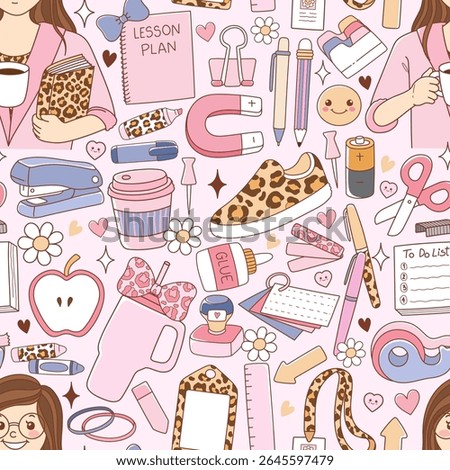 Girly Teacher, Back to school Elements Seamless Pattern Isolated Hand Drawn Design for Fabric Digital paper Vector