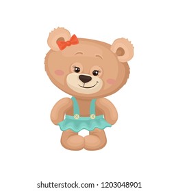 Girly teddy bear with pink cheeks and shiny eyes dressed in turquoise skirt. Cute plush toy. Flat vector for poster or postcard