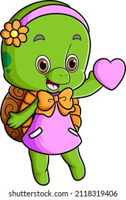 The girly turtle is wearing the dress and holding love of illustration