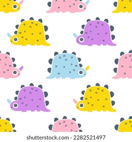 Girly unicorn dinosaur seamless pattern. Hand drawn cartoon dino characters with big eyes in simple scandinavian linocut style. Vector illustration. Trendy colorful pink palette on a white background