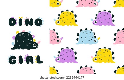 Girly unicorn dinosaur seamless pattern. Hand drawn cartoon dino characters with big eyes in simple scandinavian linocut style. Vector illustration. Trendy colorful pink palette on a white background