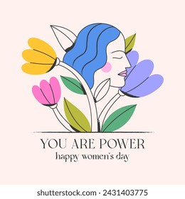 Girly vector illustration with calm woman face;stylish print for t shirts;posters;cards and banners with flowers.Feminism quote and woman motivational slogan.International women's day concept.