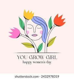 Girly vector illustration with calm woman face;stylish print for t shirts;posters;cards and banners with flowers.Feminism quote and woman motivational slogan.Women's day concept.