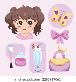Girly vector illustration set isolated on square light pink background