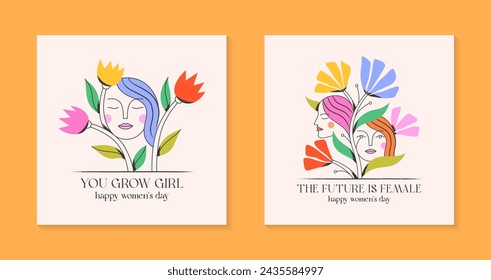 Girly vector illustrations with calm woman faces;stylish print for t shirts;posters;cards and banners with flowers.Feminism quote and woman motivational slogans.Women's day concepts.