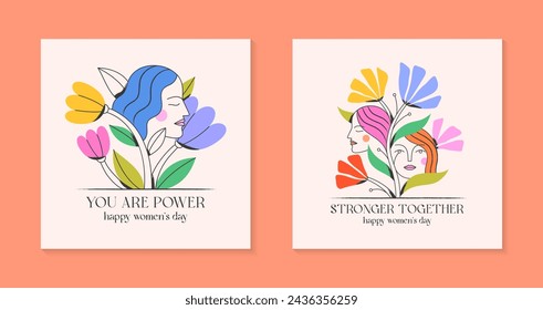 Ilustraciones vectoriales femeninas con rostros de mujer calmada; estampado elegante para camisetas; carteles; tarjetas y pancartas con flores. Cita de feminismo y eslóganes motivacionales femeninos. Conceptos del día de la mujer.