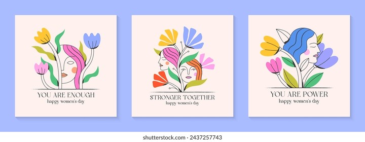 Girly vector illustrations with calm woman faces;stylish print for t shirts;posters;cards and banners with flowers.Feminism quote and woman motivational slogans.Women's day concepts.