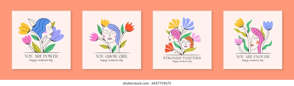 Girly vector illustrations with calm woman faces;stylish print for t shirts;posters;cards and banners with flowers.Feminism quote and woman motivational slogans.Women's day concepts.