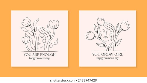 Girly vector illustrations with woman faces.Stylish prints for t shirts,posters,cards with flowers.Linear black and white concepts.Feminism quote and woman motivational slogans.Women's day greetings