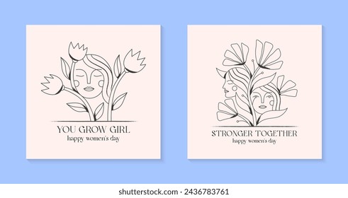 Girly vector illustrations with woman faces.Stylish prints for t shirts,posters,cards with flowers.Linear black and white concepts.Feminism quote and woman motivational slogans.Women's day greetings