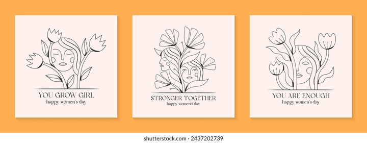 Girly vector illustrations with woman faces.Stylish prints for t shirts,posters,cards with flowers.Linear black and white concepts.Feminism quote and woman motivational slogans.Women's day greetings