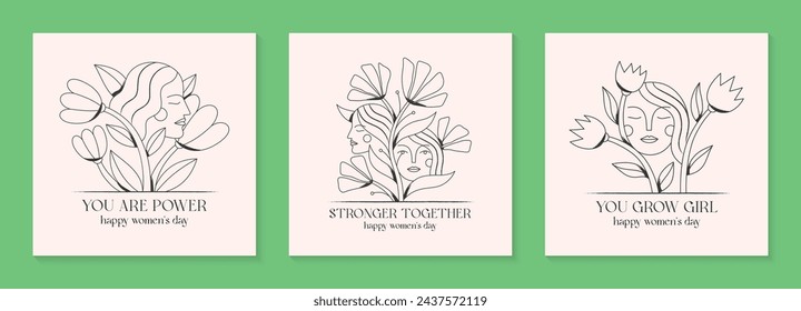 Girly vector illustrations with woman faces.Stylish prints for t shirts,posters,cards with flowers.Linear black and white concepts.Feminism quote and woman motivational slogans.Women's day greetings