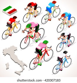 Giro di Italia. Italy racing cyclist riding bicycle path. Flat 3D isometric people set of cyclist vector icons. Isometric bicycle race Cycling icon. Winner Pink Shirt. Winning Bicyclist Podium Goal