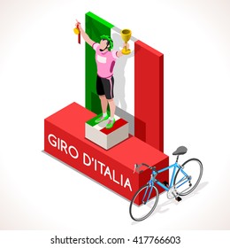 Giro d'Italia victory Italy racing cyclist riding bicycle path. Flat 3D isometric people cyclist vector icons. Isometric bicycle race Cycling icon. Winner Pink Shirt. Winning Bicyclist Podium Pedestal